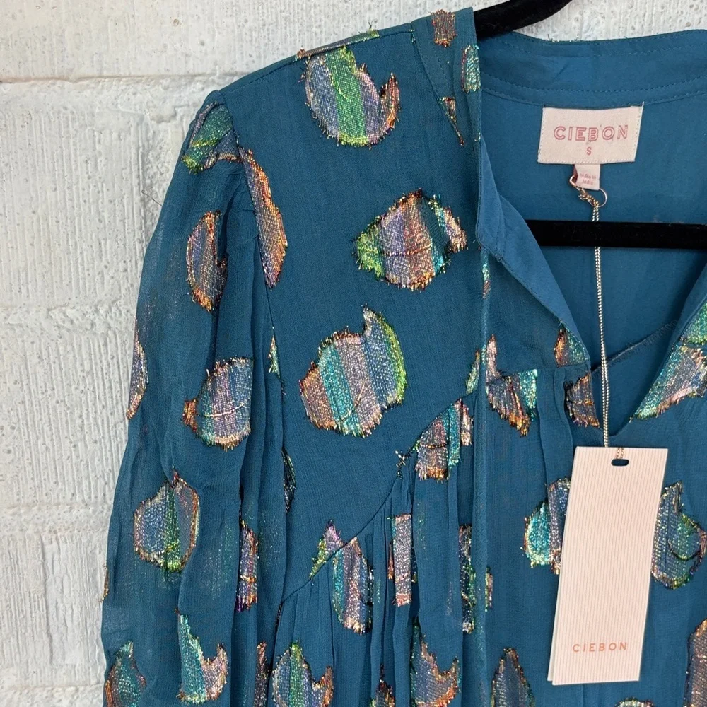 Ciebon Metallic Leaf Belted Teal Long Sleeve Maxi Dress sz S